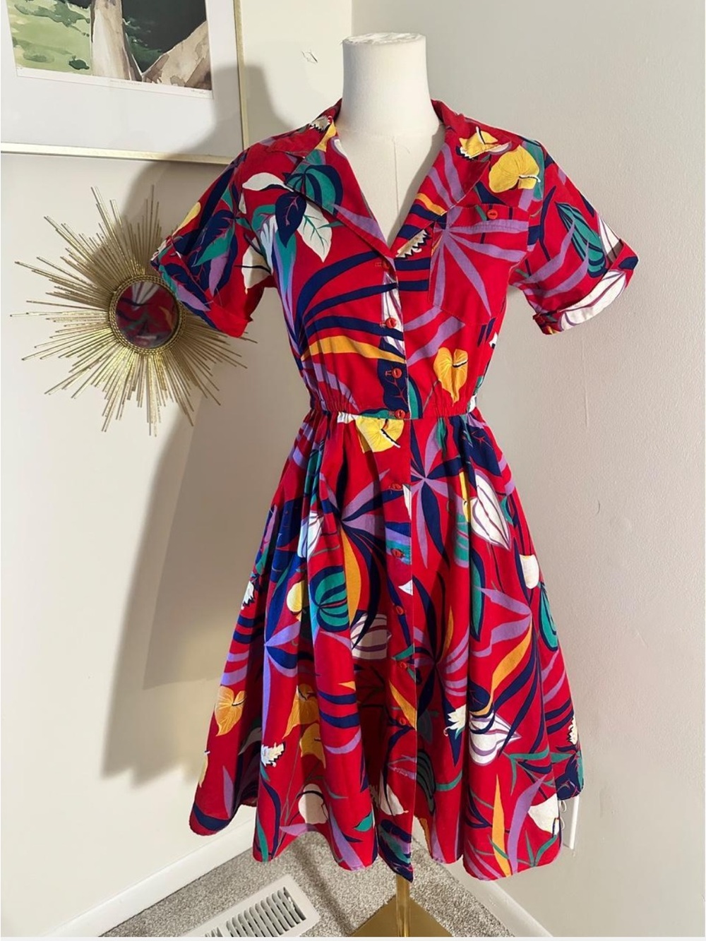 True Vintage 1980s ACT I New York Petite Abstract Floral Cotton Dress Small